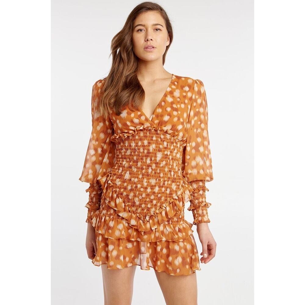 BARDOT Bambina Frill Long Sleeve Mini Dress in Sketchspot Orange Size 2